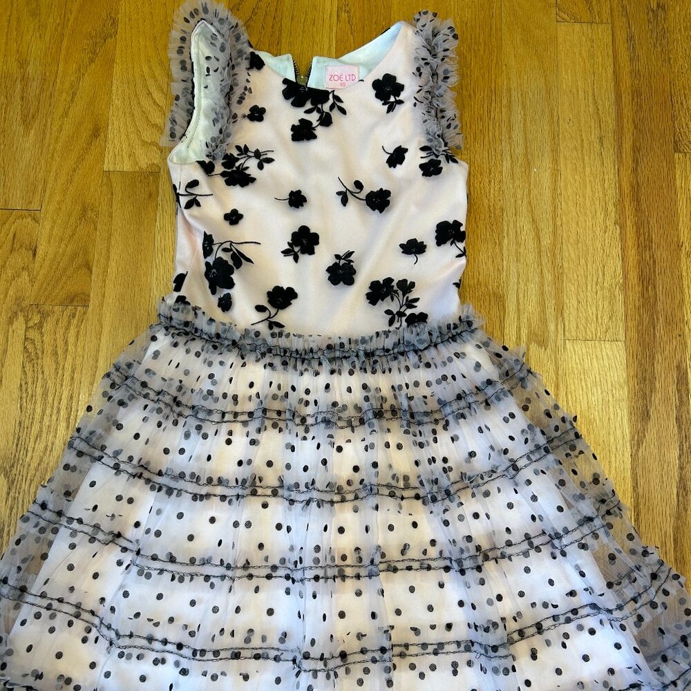 ZOE LTD Dress Girls Sz 10, light pink & Black Floral/dots Holiday, PARTY